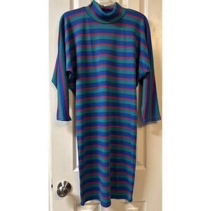Vtg Striped Cotton Mock Neck Batwing T-Shirt Dress Mid Length 80s Oversized S